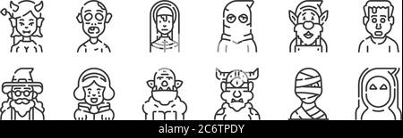 12 Satz von linearen fantastischen Zeichen Symbole. Dünne Umrisse Symbole wie Wraith, Zyklopen, Prinzessin, gnome, Nonne, Zombie für Web, Handy Stock Vektor