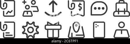 12 Satz von linearen myicon ein Symbole. Dünne Umrisssymbole wie Menschen, Karte, Getriebe, Chat, Upload, Gruppe für Web, mobile Stock Vektor