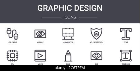 Grafikdesign Konzept Linie Symbole Satz. Enthält Symbole für Web, Logo, ui/ux wie sichtbar, kein Schutz, cpu, Kleber, Auge, Textfeld, Text, comp Stock Vektor