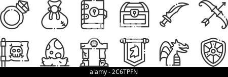 12 Satz von linearen Videospiel-Elemente-Symbole. Dünne Umrisse Symbole wie Schild, Banner, Ei, Schwert, Buch, Belohnung für Web, Handy Stock Vektor