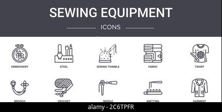 Nähausrüstung Concept Line Icons Set. Enthält Symbole für Web, Logo, ui/ux wie Stahl, Stoff, Brosche, Nadel, Stricken, Kleidungsstück, T-Shirt, Stock Vektor