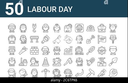 Set von 50 Tag der Arbeit Symbole. Skizzieren dünne Linie Symbole wie Schraubenschlüssel, Schweißer, Polizistin, Koch, Arzt, Arbeiter, Fabrik Stock Vektor