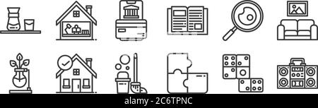 12 Satz von linearen Aufenthalt zu Hause Symbole. Dünne Umrisse Symbole wie Radio, Puzzle, zu Hause bleiben, Kochen, Online-Banking, Lesen für Web, mobil Stock Vektor