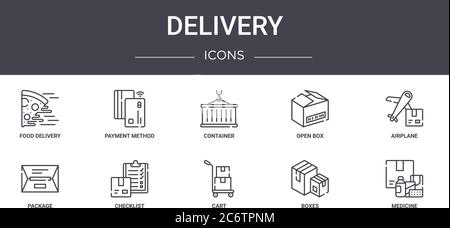 Lieferung Konzept Linie Symbole Set. Enthält Symbole für Web, Logo, ui / ux wie Zahlungsart, offene Box, Paket, Warenkorb, Boxen, Medizin, Flugzeug Stock Vektor