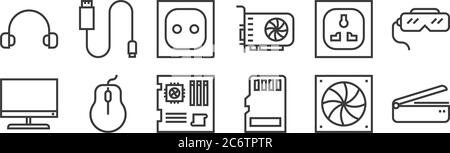 12 Satz von linearen Hardware-Symbole. Dünne Umrisssymbole wie Scanner, Micro sd, Maus, Steckdose, Steckdose, usb-Anschluss für Web, mobil Stock Vektor