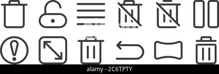 12 Satz von linearen Interface-Symbole. Dünne Umrisssymbole wie Papierkorb, rückgängig machen, breit, Papierkorb, Menü, entsperren für Web, mobil Stock Vektor
