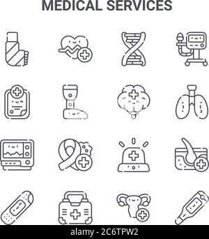 Satz von 16 medizinischen Dienstleistungen Konzept Vektor-Linien-Symbole. 64x64 Symbole für dünne Schlaganfälle wie Kardiologie, Anamnese, Lunge, Notfall, erste-Hilfe-Set, Th Stock Vektor