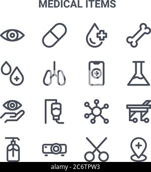 Satz von 16 medizinischen Artikeln Konzept Vektor-Linien-Symbole. 64x64 dünne Striche Symbole wie Droge, Blutstropfen, Kolben, Virus, Projektor, Stift, Schere, Smartphon Stock Vektor