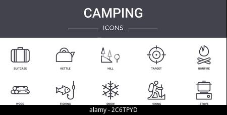 Camping Concept Line Icons Set. Enthält Symbole für Web, Logo, ui/ux wie Kessel, Ziel, Holz, Schnee, Wandern, Herd, Lagerfeuer, Hügel Stock Vektor