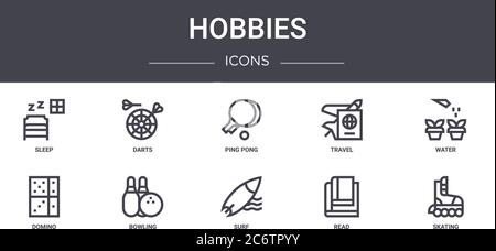 Hobbies Konzept Linie Symbole Set. Enthält Symbole für Web, Logo, ui / ux wie Darts, Reisen, Domino, Surfen, Lesen, Skaten, Wasser, Tischtennis Stock Vektor
