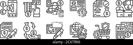 12 Satz von linearen Zahlungs-Element-Symbole. Dünne Umrisssymbole wie qr-Code-Scan, Online-Shopping, Rückerstattung, Vereinbarung, Überweisung, Zahlungsmethode fo Stock Vektor