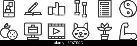 12 Satz von linearen psychischen Gesundheit Symbole. Dünne Umrisssymbole wie stark, Katze, Telearbeit, zu tun Liste, wie Geste, Schreiben für Web, mobil Stock Vektor