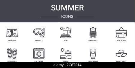 Sommer Konzept Linie Icons Set. Enthält Symbole für Web, Logo, ui/ux wie Schnorcheln, Ananas, Flip Flops, Strand, Sonnencreme, pamela Hut, Strand Stock Vektor