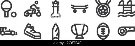 12 Satz von linearen Sport-Icons. Dünne Umrisse Symbole wie Pfeife, Trophäe, Laufen, Medaille, Schach, Fahrrad für Web, mobil Stock Vektor