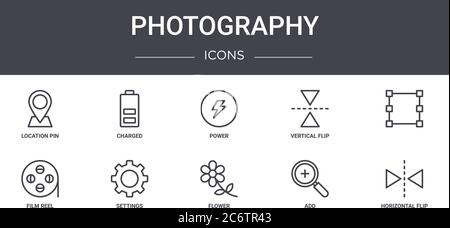 Fotografie Konzept Linie Symbole Set. Enthält Symbole für Web, Logo, ui / ux wie geladen, vertikale Klappe, Film-Rolle, Blume, hinzufügen, horizontale Klappe Stock Vektor