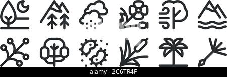 Set von 12 dünnen Umrisssymbolen wie Löwenzahn, Schilf, Baum, Wind, Schnee, Berg für Web, mobil Stock Vektor