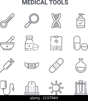 Satz von 16 medizinischen Werkzeugen Konzept Vektorlinien-Symbole. 64x64 dünne Schlaganfall Symbole wie Lupe, Mörtel, Pillen, Band Aid, Krankenhaus, Reagenzglas, Virus, Medizin Stock Vektor