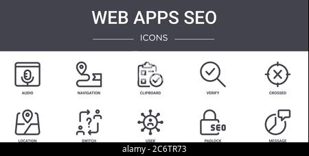 Web Apps seo Konzept Linie Symbole gesetzt. Enthält Symbole für Web, Logo, ui/ux wie Navigation, überprüfen, Standort, Benutzer, Vorhängeschloss, Nachricht, gekreuzt, Stock Vektor