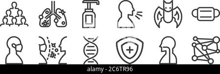 12 Satz von linearen Coronavirus-Symbole. Dünne Umrisssymbole wie Molekül, Schutz, Schutz, Fledermaus, Seife, Krankheit für Web, mobil Stock Vektor