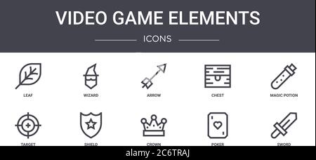 Videospiel-Elemente Konzept Linie Symbole gesetzt. Enthält Symbole für Web, Logo, ui / ux wie Assistent, Brust, Ziel, Krone, Poker, Schwert, magische potio Stock Vektor