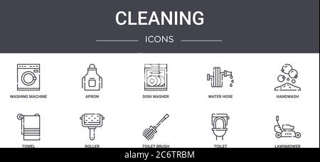 Reinigungs-Konzept Linie Symbole Set. Enthält Symbole für Web, Logo, ui/ux wie Schürze, Wasserschlauch, Handtuch, WC-Bürste, WC, Rasenmäher, handwas Stock Vektor