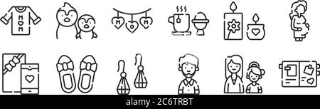 Set von 12 dünnen Umrisssymbolen wie Scrapbook, Ehemann, flache Schuhe, Duftkerze, Mama, Pinguin für Web, Handy Stock Vektor