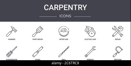 Schreinerei Konzept Linie Symbole Satz. Enthält Symbole für Web, Logo, ui / ux wie Pinsel, elektrische Säge, Schraubendreher, Bohrer, Schraubenschlüssel, Laubsäge, r Stock Vektor