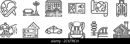 12 Satz von linearen Reise-Symbole. Dünne Umrisssymbole wie Kabine, Rucksack, Flugschein, Karte, Hotel, Park für Web, mobil Stock Vektor