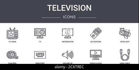 TV-Konzept-Linie Symbole gesetzt. Enthält Symbole für Web, Logo, ui / ux wie tv, Diktiergerät, Film-Reel, Lautstärke, Video-Player, hdmi-Kabel, Stock Vektor