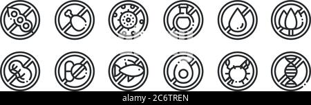 Set von 12 dünnen Umrisssymbolen wie Genom, Hühnerei, Medizin, fettfrei, antibakteriell, fettfrei für Web, mobil Stock Vektor