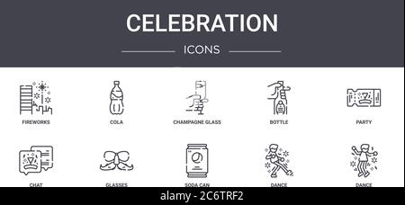 Celebration Concept Line Icons Set. Enthält Symbole für Web, Logo, ui/ux wie Cola, Flasche, Chat, Soda kann, Tanz, Tanz, Party, Champagner gl Stock Vektor