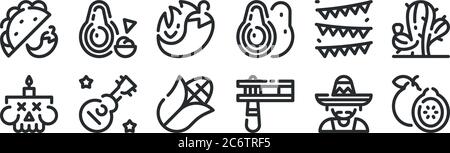 Set von 12 dünnen Umrisssymbole wie Guava, Musikinstrument, Gitarre, Dekoration, Chili, Guacamole für Web, Handy Stock Vektor