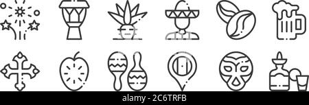 12 Satz von linearen mexiko-Symbole. Dünne Umrisssymbole wie Tequila, mexiko, Guanabana, Kaffeebohnen, Agave, Trommel für Web, mobil Stock Vektor