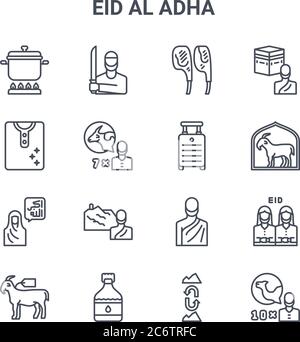 Satz von 16 eid al adha Concept Vektorlinien-Symbolen. 64x64 dünne Strichikonen wie Metzger, Kleidung, Ziege, Mann, Zam Zam, Kamel, Berg, Koffer, Hadsch Stock Vektor
