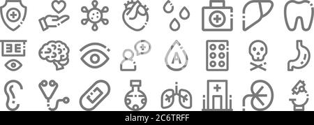 Medizinische Linie Symbole. Lineare Satz. Qualität Vektor-Linie Set wie Mikroskop, Krankenhaus, Chemie, Ohr, Schädel, Auge, Zähne, Blut, Gesundheit Stock Vektor