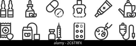 12 Satz von linearen Medizin-Symbole. Dünne Umrisse Symbole wie iv-Beutel, Tabletten, Kräutertee, Salbe, Pillen, Tinktur für Web, mobile Stock Vektor