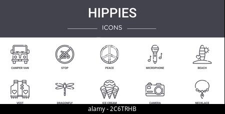 Hippies Concept Line Icons Set. Enthält Symbole für Web, Logo, ui/ux wie Stop, Mikrofon, Weste, Eis, Kamera, Halskette, Strand, Frieden Stock Vektor