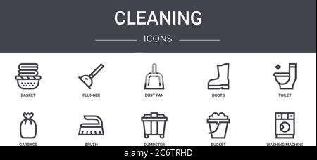 Reinigungs-Konzept-Linie Symbole Set. Enthält Symbole für Web, Logo, ui/ux wie Kolben, Stiefel, Müll, Müllcontainer, Eimer, Waschmaschine, Toilette Stock Vektor
