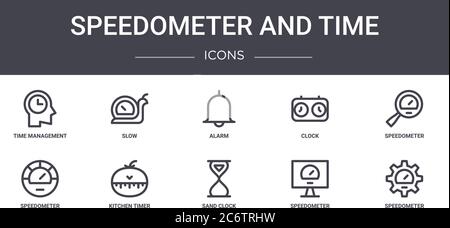 Tachometer und Zeitkonzept Linie Symbole gesetzt. Enthält Symbole für Web, Logo, ui/ux wie langsam, Uhr, Tachometer, Sanduhr, Tachometer, ala Stock Vektor