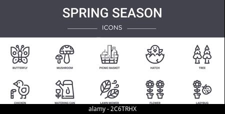 Frühling Saison Konzept Linie Symbole Set. Enthält Symbole für Web, Logo, ui / ux wie Pilz, Luke, Huhn, Rasenmäher, Blume, Marienkäfer, Baum, Stock Vektor