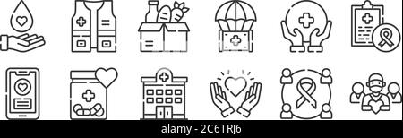 12 Satz von linearen Freundlichkeit Symbole. Dünne Umrisse Symbole wie Team, Freundlichkeit, Medizin, Gesundheit, Lebensmittelspende, Weste für Web, mobil Stock Vektor