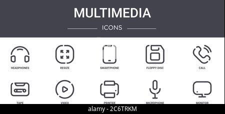 Multimedia-Konzept-Linie Symbole gesetzt. Enthält Symbole für Web, Logo, ui/ux wie Größe ändern, Diskette, Band, Drucker, Mikrofon, Monitor, Anruf, s Stock Vektor