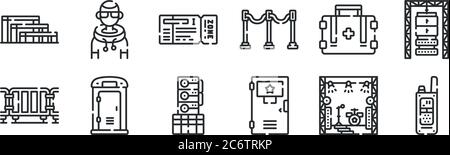 Set von 12 dünnen Umrisssymbolen wie Walkie Talkie, Künstler, Toilette, erste-Hilfe-Kit, Konzertkarte, Musik für Web, Handy Stock Vektor