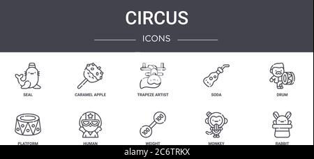 circus Concept Line Icons Set. Enthält Symbole für Web, Logo, ui/ux wie Karamell Apfel, Soda, Plattform, Gewicht, Affe, Kaninchen, Trommel, Trapez Stock Vektor