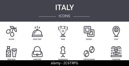 italien Konzept Linie Symbole Set. Enthält Symbole für Web, Logo, ui / ux wie Lebensmittel Tablett, Ravioli, Bierkrug, Schaufensterpuppe, Kaffeebohnen, Brunnen, ital Stock Vektor
