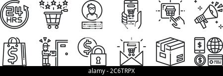 Set von 12 dünnen Umrisssymbolen wie Zahlungsart, E-Mail-Marketing, Lieferer, Kauf, mein Konto, Bewertung für Web, Handy Stock Vektor