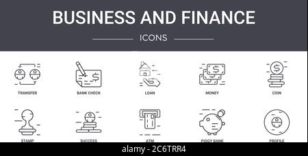 Business und Finanzen Konzept Linie Symbole Satz. Enthält Symbole für Web, Logo, ui / ux wie Bankscheck, Geld, Stempel, atm, Sparschwein, Profil, Co Stock Vektor