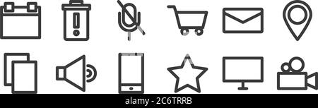 12 Satz von linearen Multimedia-Symbole. Dünne Umrisssymbole wie Videokamera, Stern, Ton, Mail, Stummschaltung, entfernen für Web, mobil Stock Vektor