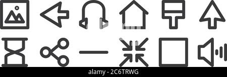12 Satz von linearen Benutzeroberfläche Symbole. Dünne Umrisssymbole wie Lautstärke, minimieren, teilen, Pinsel, Headset, links für Web, Handy Stock Vektor