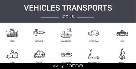 Fahrzeuge transportiert Concept Line Icons Set. Enthält Symbole für Web, Logo, ui/ux wie Flugzeug, Pickup Auto, Auto, Schnellboot, Kick Scooter, roc Stock Vektor